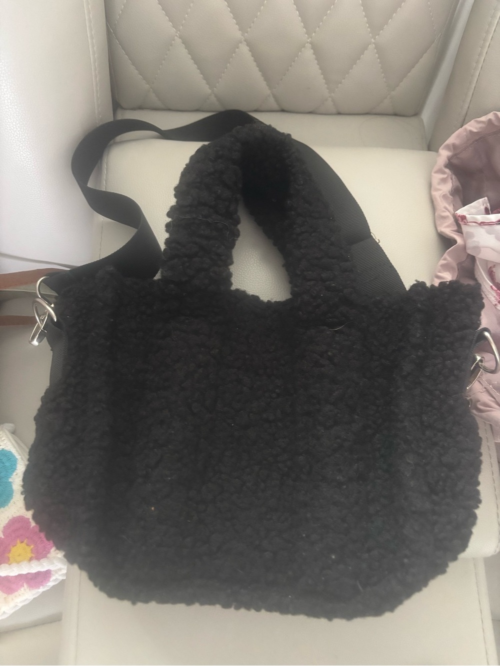 Black Faux Shearling Tote Bag with Adjustable Strap
